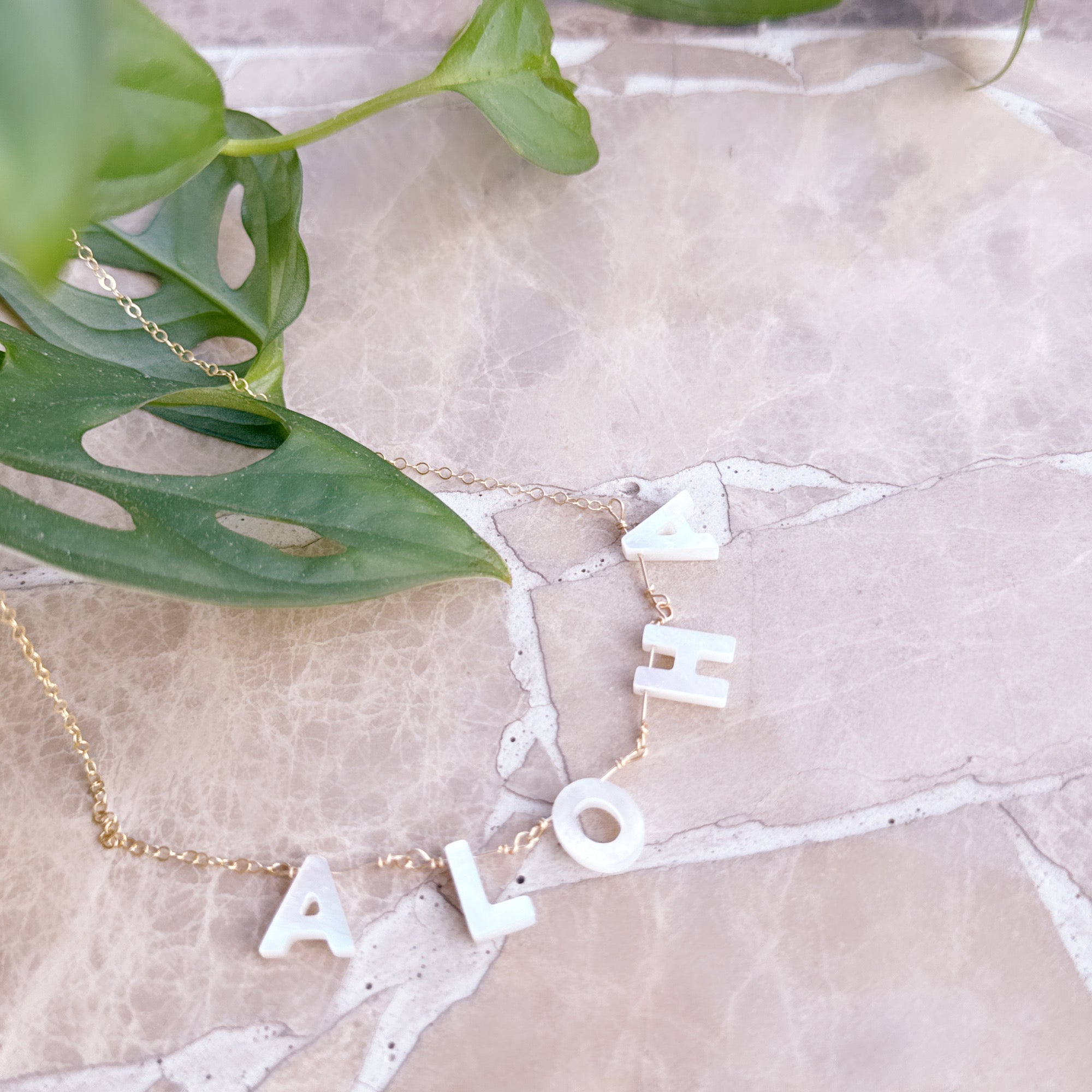 Aloha Initial Mother of Pearl Necklace – 14k Gold Filled, Adjustable Chain