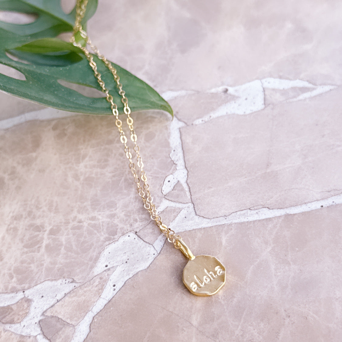 Aloha Engraved Round Gold Charm – 14k Gold-Filled Necklace Pendant