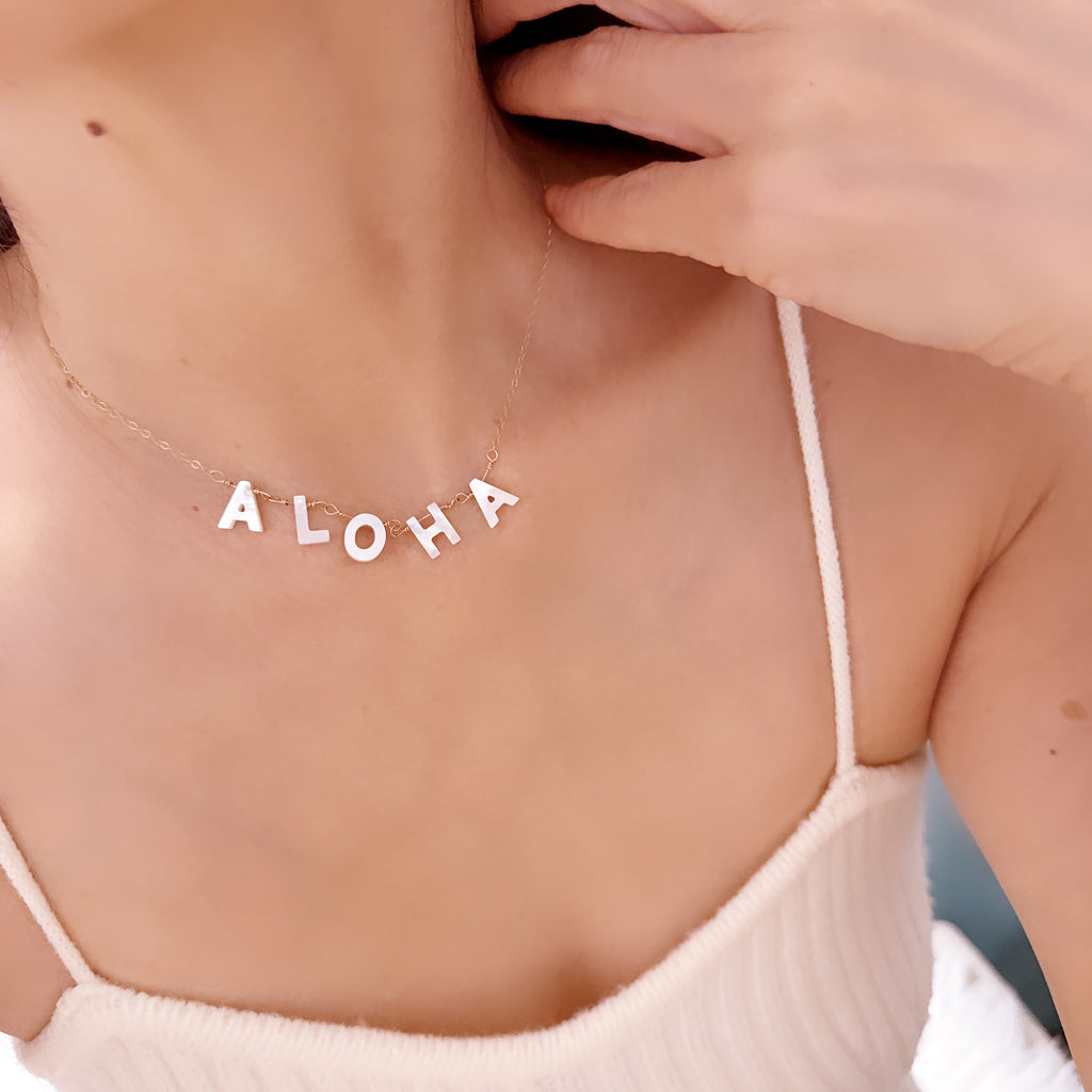 Aloha Initial Mother of Pearl Necklace – 14k Gold Filled, Adjustable Chain
