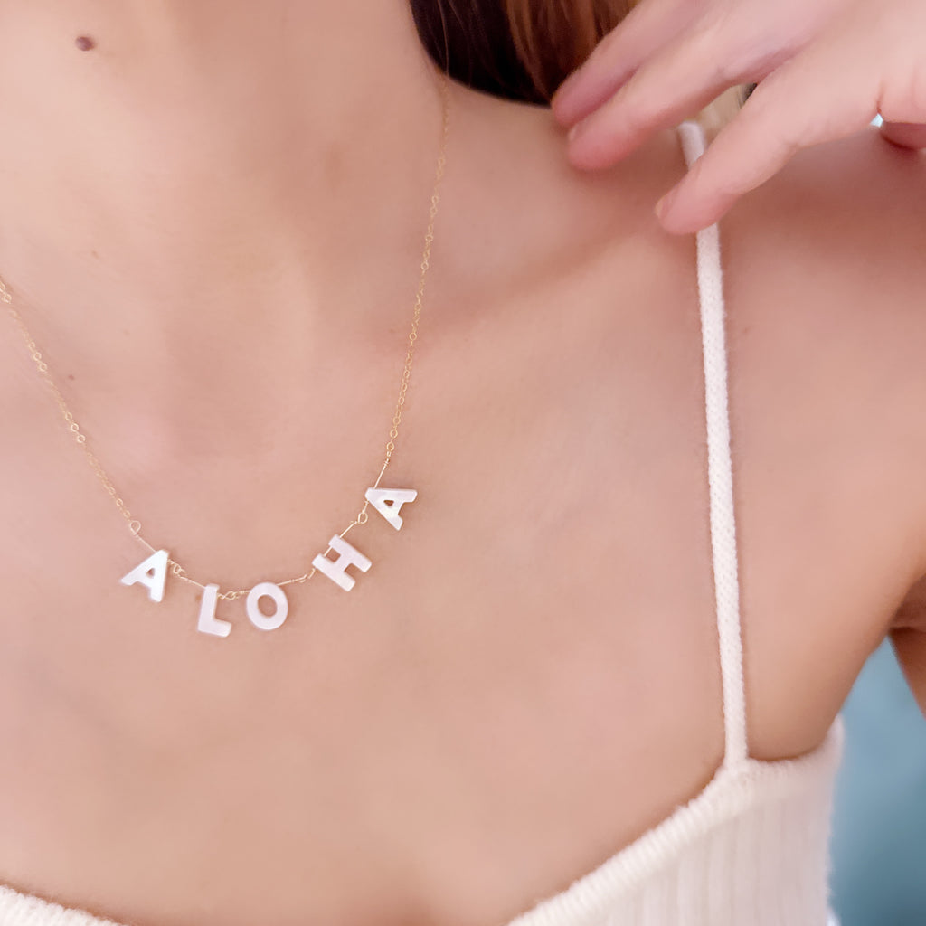 Aloha Initial Mother of Pearl Necklace – 14k Gold Filled, Adjustable Chain