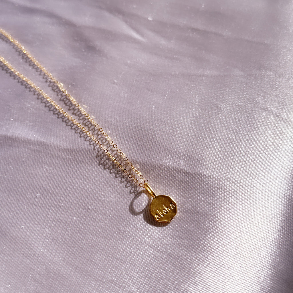 Aloha Engraved Round Gold Charm – 14k Gold-Filled Necklace Pendant