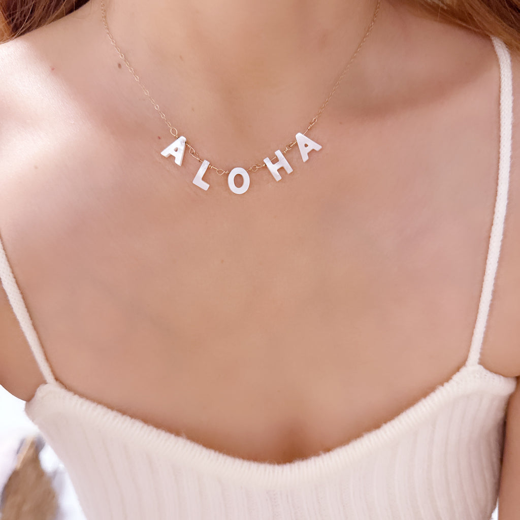 Aloha Initial Mother of Pearl Necklace – 14k Gold Filled, Adjustable Chain