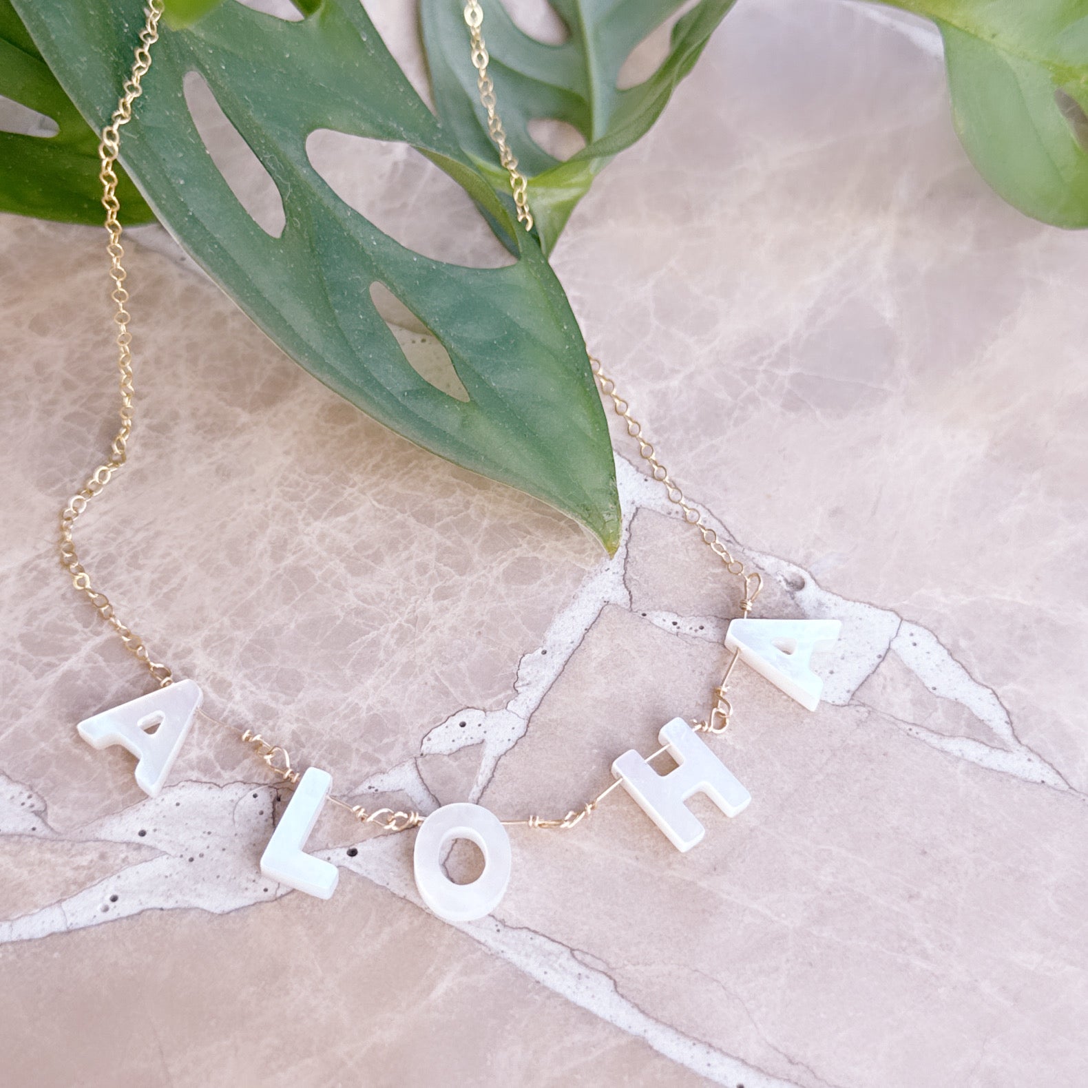Aloha Initial Mother of Pearl Necklace – 14k Gold Filled, Adjustable Chain