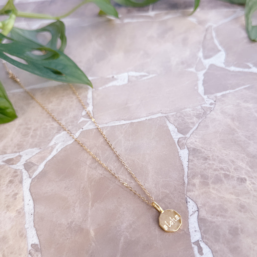 Aloha Engraved Round Gold Charm – 14k Gold-Filled Necklace Pendant