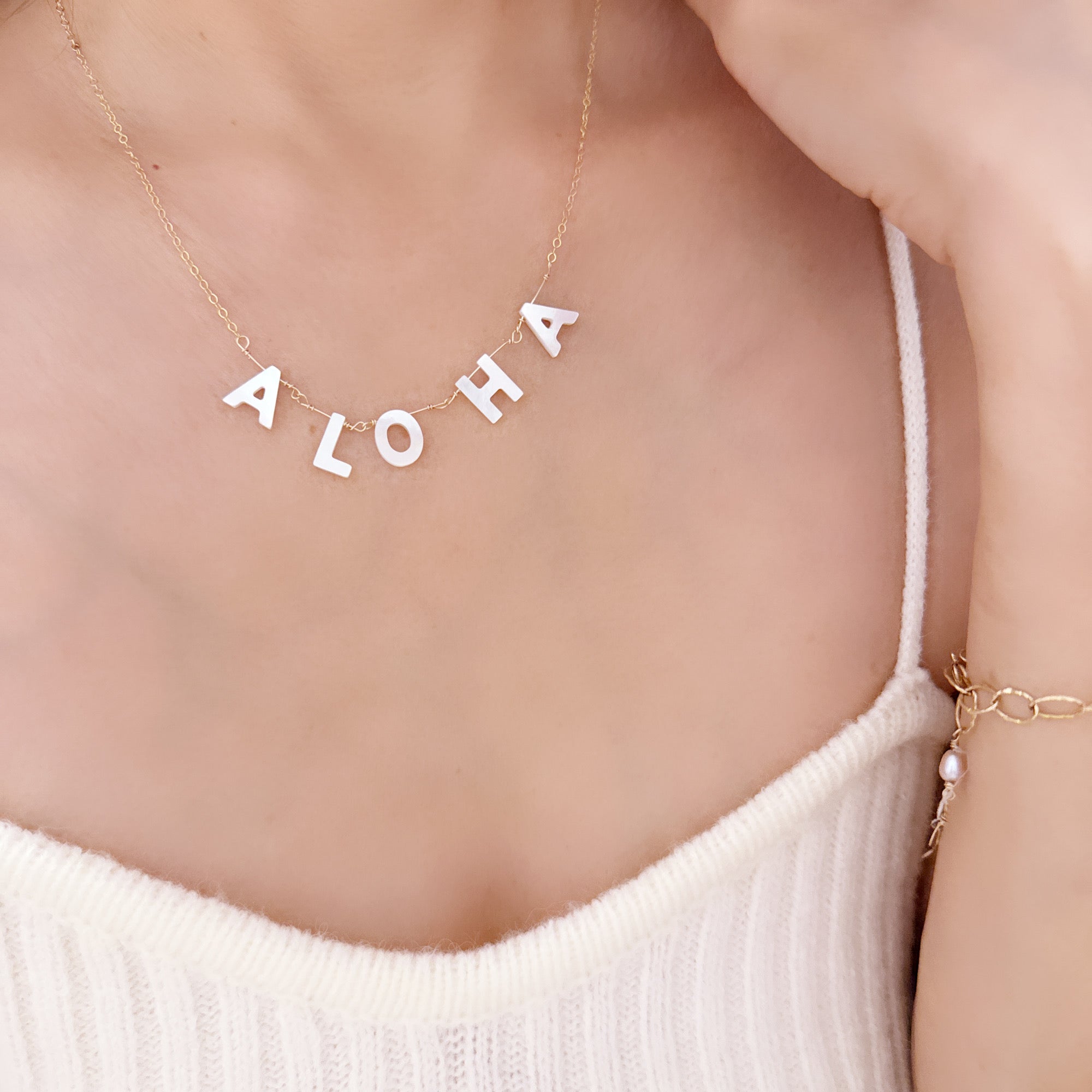 Aloha Initial Mother of Pearl Necklace – 14k Gold Filled, Adjustable Chain