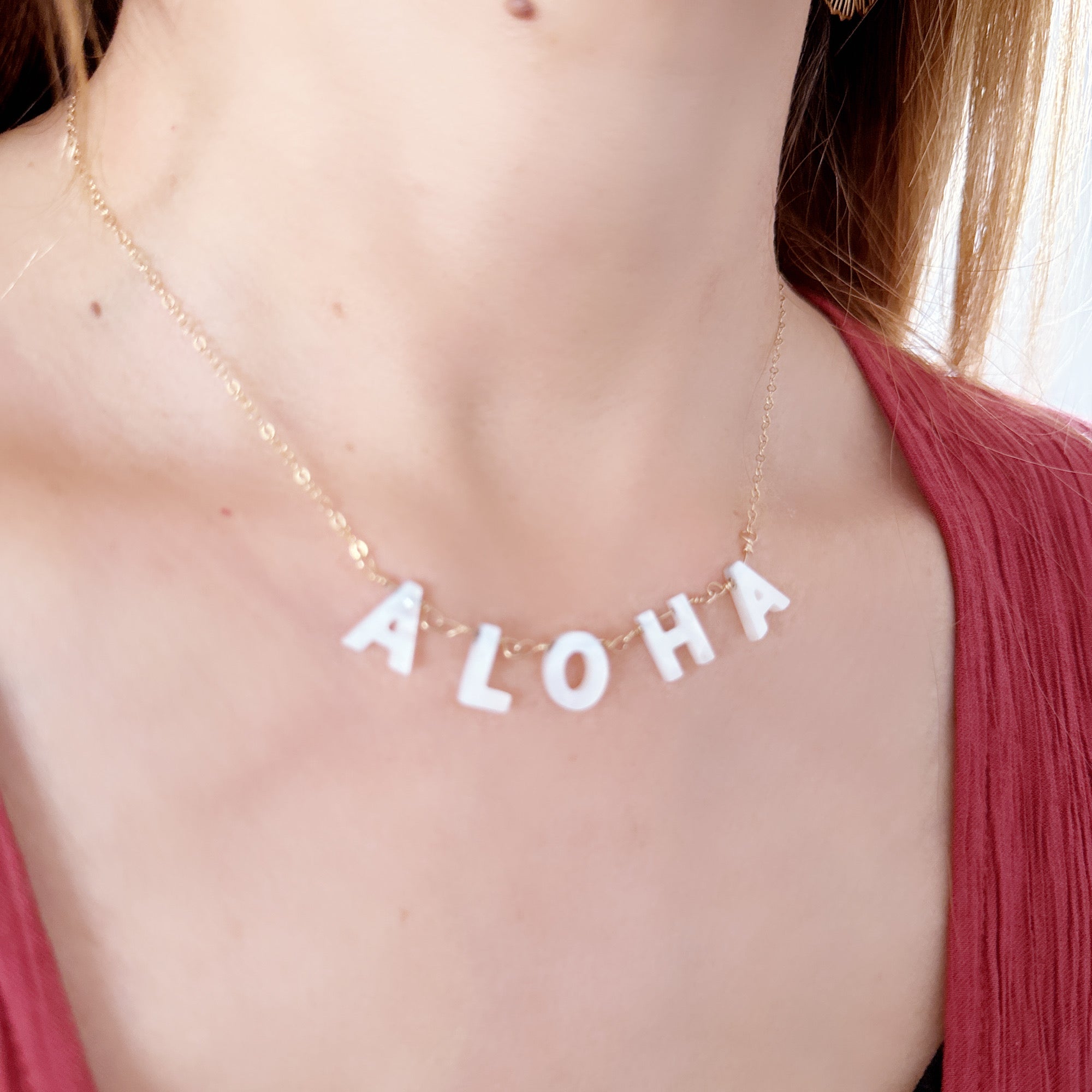Aloha Initial Mother of Pearl Necklace – 14k Gold Filled, Adjustable Chain