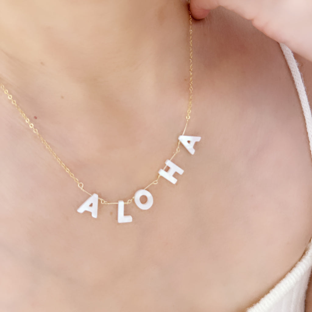Aloha Initial Mother of Pearl Necklace – 14k Gold Filled, Adjustable Chain