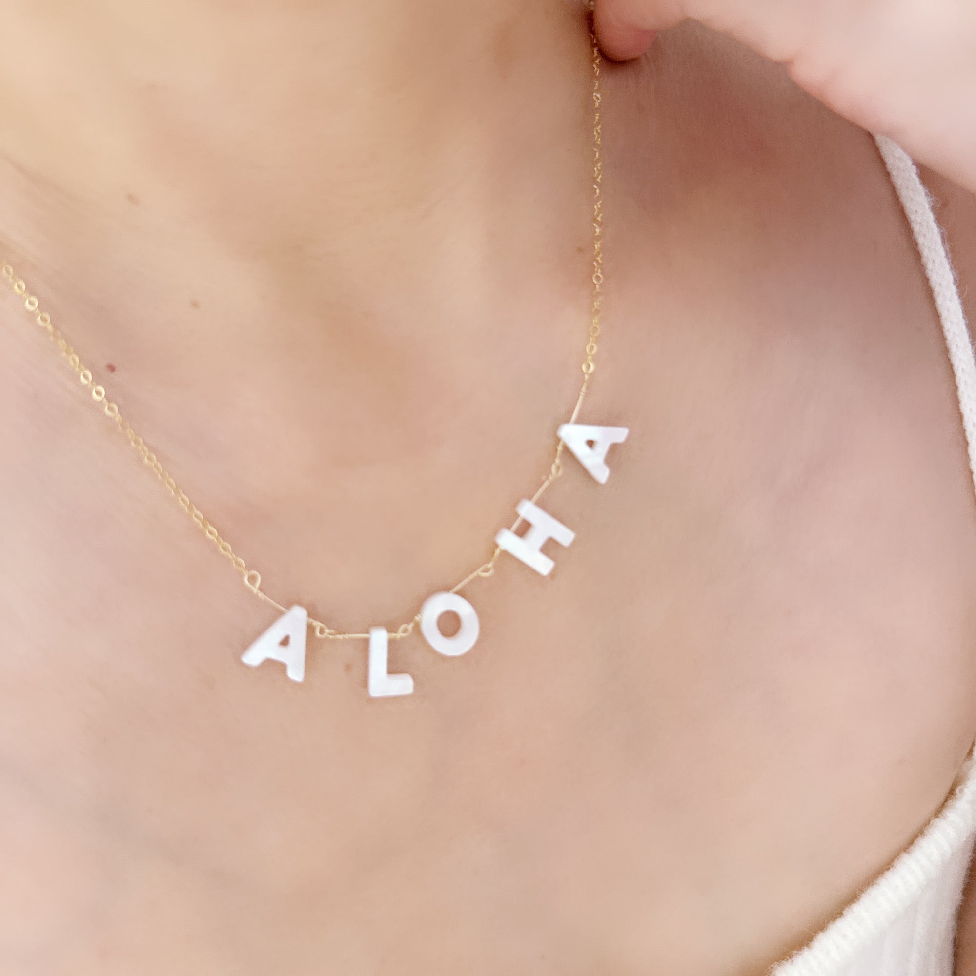 Aloha Initial Mother of Pearl Necklace – 14k Gold Filled, Adjustable Chain