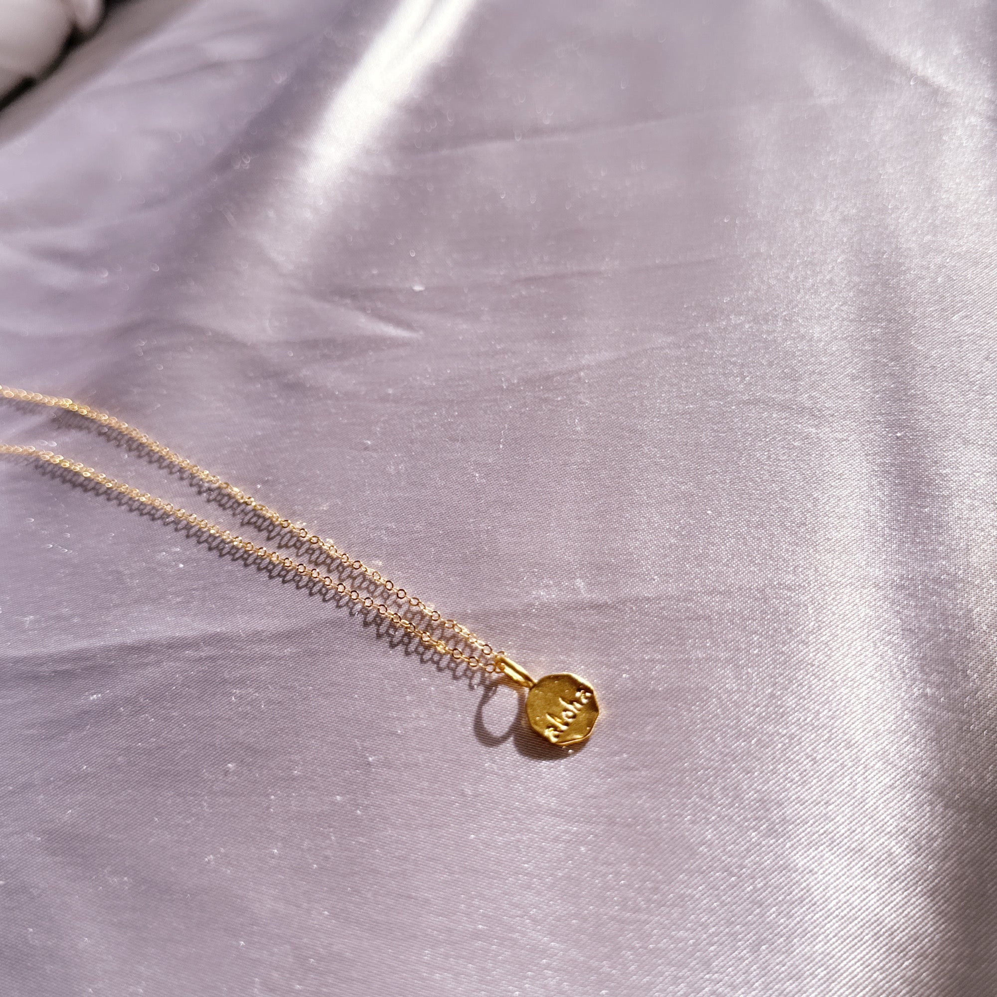 Aloha Engraved Round Gold Charm – 14k Gold-Filled Necklace Pendant