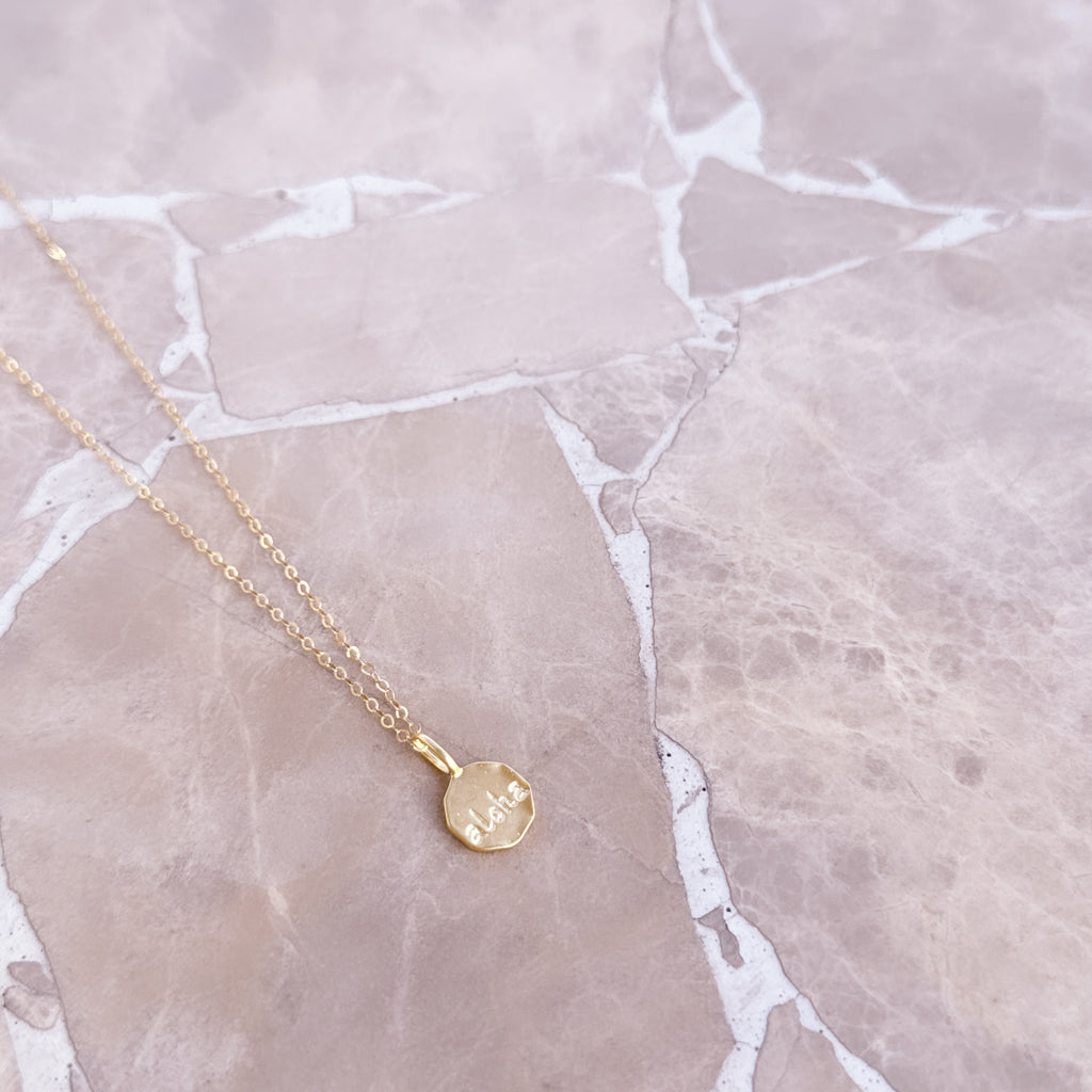 Aloha Engraved Round Gold Charm – 14k Gold-Filled Necklace Pendant