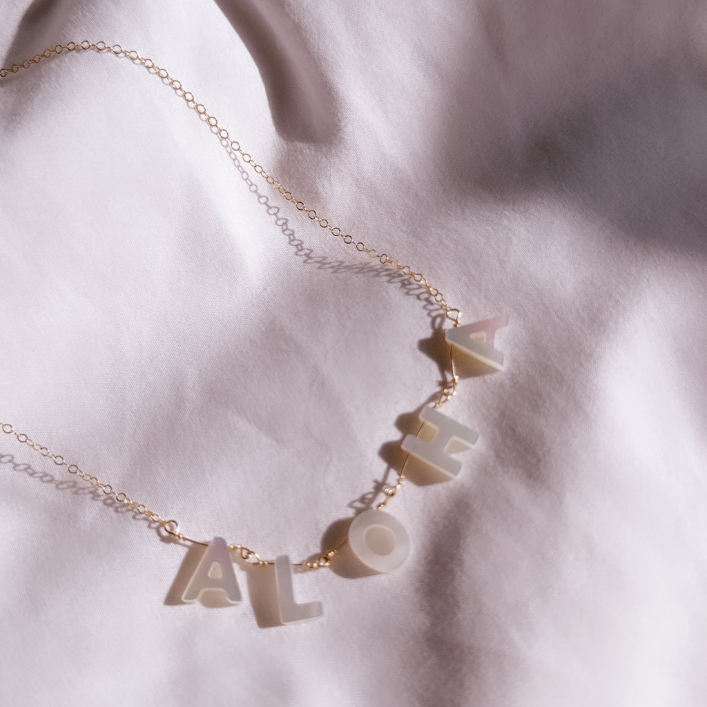 Aloha Initial Mother of Pearl Necklace – 14k Gold Filled, Adjustable Chain